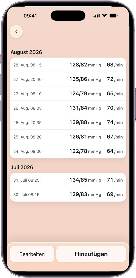 Dokumentation, nach Monaten gegliedert: eine Karte «August 2026» und darunter eine
                  Karte «Juli 2026». Jede Zeile nennt Datum und Uhrzeit der Messung, den Blutdruck in
                  mmHg und den Puls pro Minute.