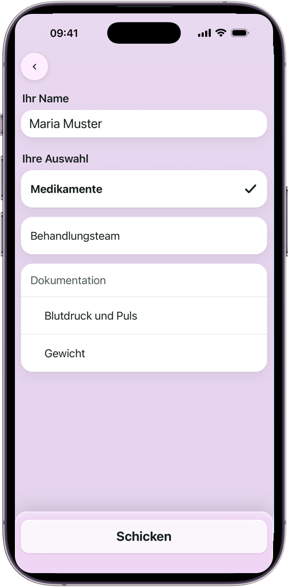 Bildschirm «PDF schicken» mit dem Namensfeld und den ankreuzbaren Zeilen
                  «Medikamente», «Behandlungsteam» und «Dokumentation» mit «Blutdruck und Puls» und
                  «Gewicht». Angekreuzt ist «Medikamente». Unten der Knopf «Schicken».