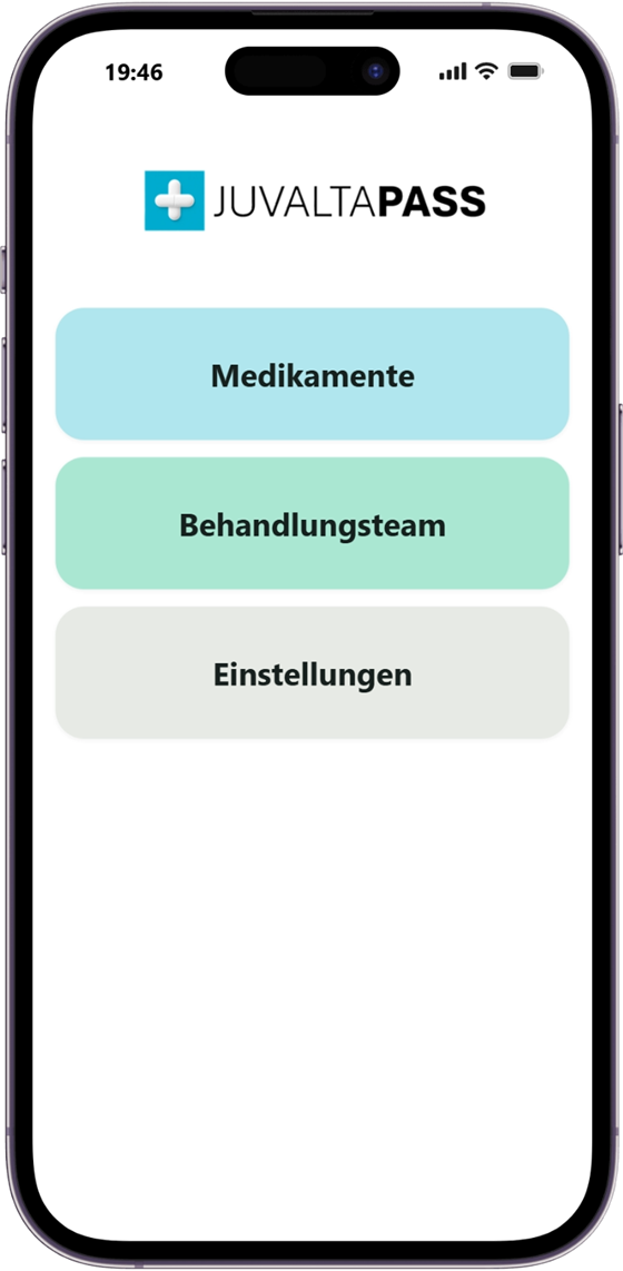 Startseite der App mit den drei Feldern «Medikamente», «Behandlungsteam» und «Einstellungen»